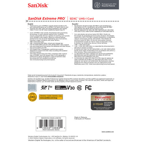 Карта памяти SanDisk Extreme Pro 64GB SDXC UHS-I Class 3 V30 200 MB/s