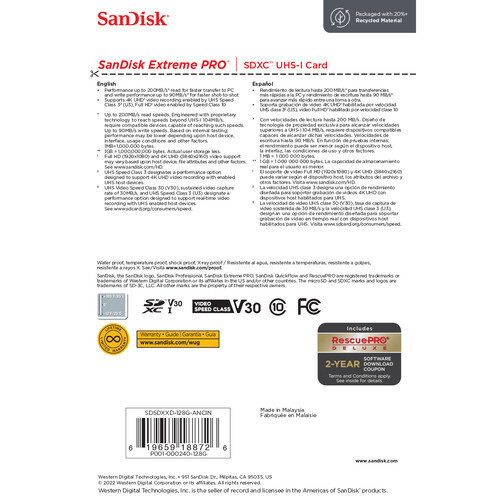 Карта памяти SanDisk Extreme Pro 128GB SDXC UHS-I Class 3 V30 200 MB/s
