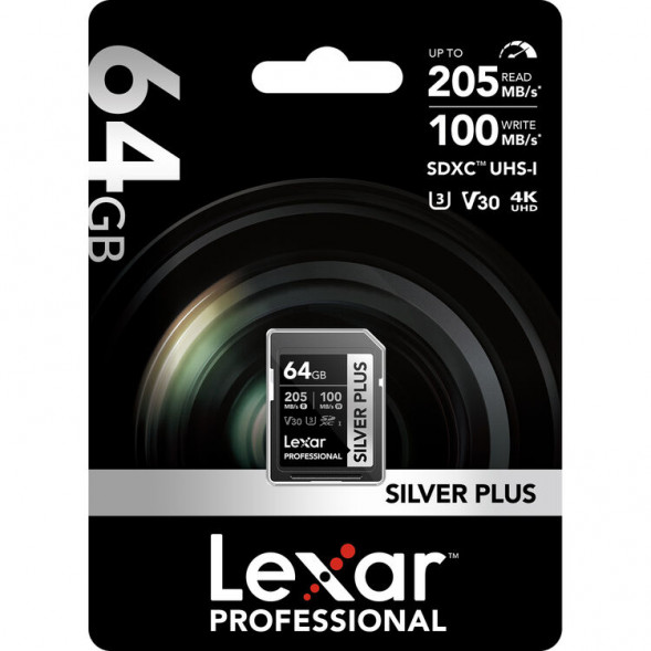 Карта памяти Lexar SDXC 64GB Professional Silver Plus V30 U3 205/100Mb/s [LSDSIPL064G-BNNNG]